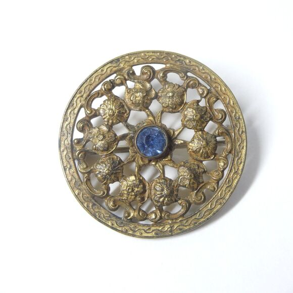 Round Brooch w/Blue Stone Brass Filigree Vintage Czech? Pin - Picture 1 of 6